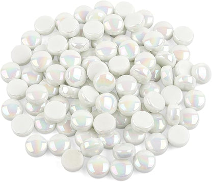 Artspac Glass Mosaic Tiles for Crafts Bulk,150g Round Mosaic Glass Pieces,Iridescent White Mosaic Tiles for DIY Garden Crafts Supplies, Crafts Ornaments