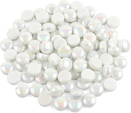 Artspac Glass Mosaic Tiles for Crafts Bulk,150g Round Mosaic Glass Pieces,Iridescent White Mosaic Tiles for DIY Garden Crafts Supplies, Crafts Ornaments
