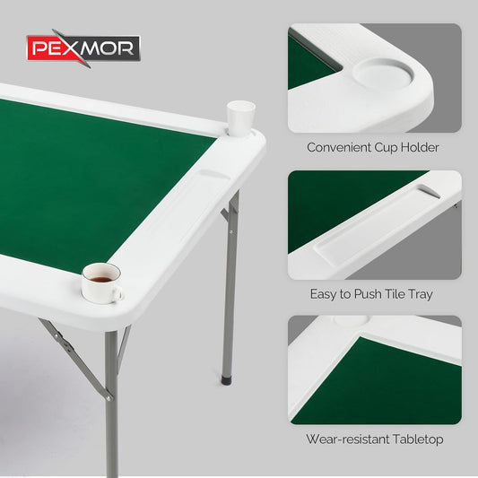 PEXMOR 39.5" Foldable Mahjong Table, Square 4 Player Card Game Table w/Cup Holders & Chip Grooves, Portable Folding Poker Domino Board Game Table for Blackjack, Texas Hold'em, Jigsaw Puzzles Game