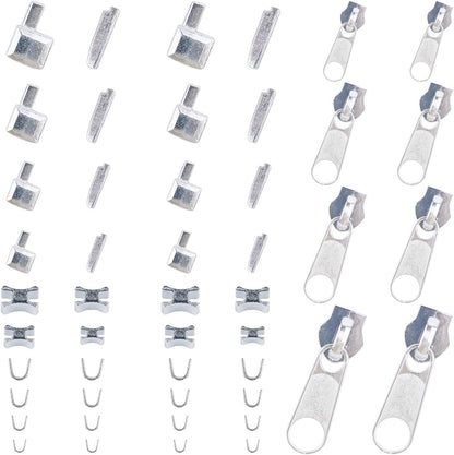 48 Pieces Metal Zipper Repair Accessories Set, Zipper Head Slider Retainer Box Insert Pin Top Bottom Stoppers for DIY Sewing Replacement Zipper Repair Kit 3# 5# 8# 10# (Platinum)