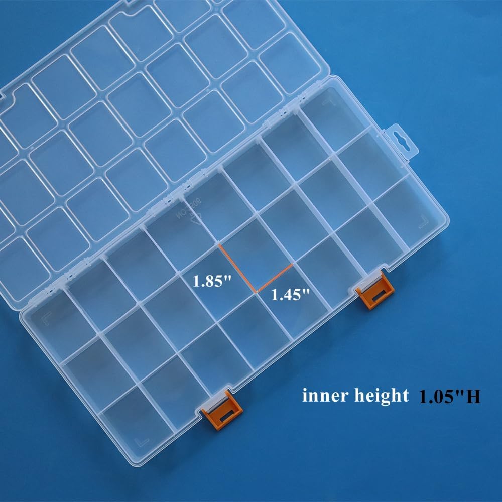 BangQiao 3 Pack 24 Grids Clear Plastic Storage Box with Dividers, Transparent Organizer Container Case for Small Parts, Bead, Button, Jewelry, Diamond, Craft Supplies,Sewing Kit, DIY Accessories