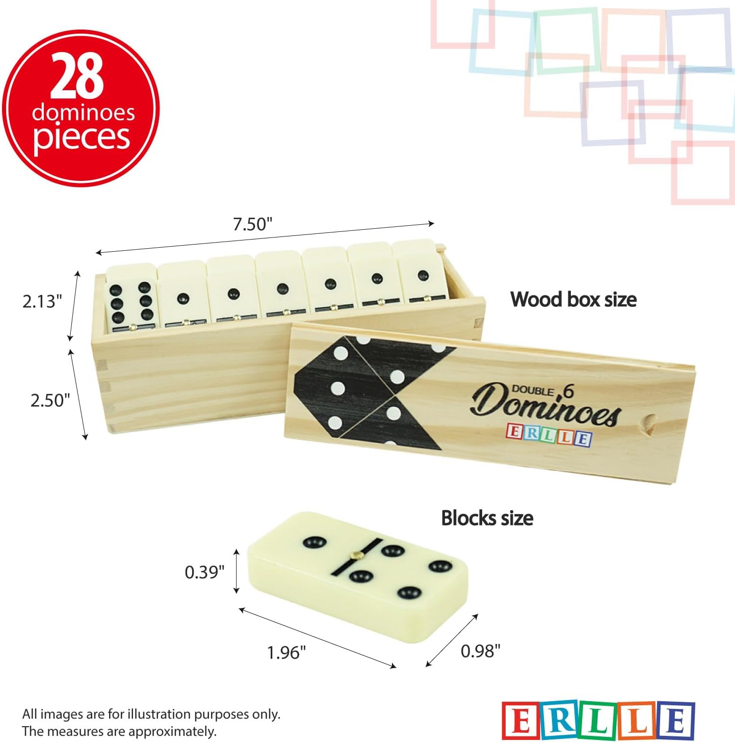 ERLLE - Dominoes Set, Premium Classic 28-Piece Double Six Domino Set with Wooden Case, Family & Kids Board Game, Mexican Train, Chicken Foot, and Classic Domino Games
