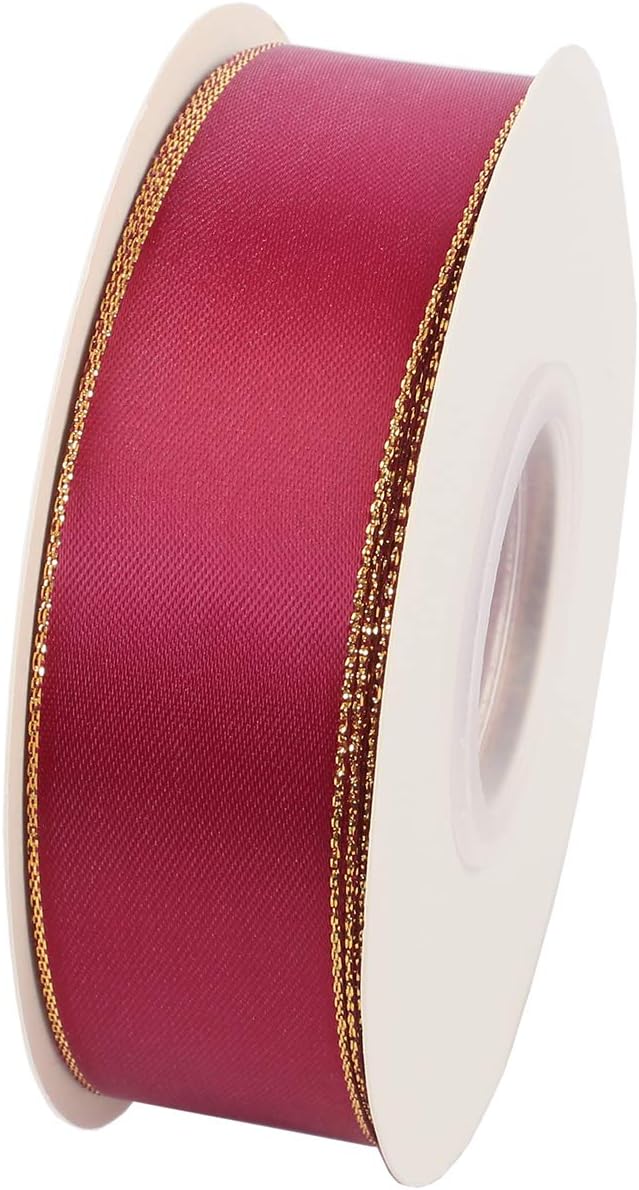 ITIsparkle 1" Inch Double Faced Satin Ribbon 25 Yards with Gold Edges, 1" X 25Yd - Wine - Crafty Corner