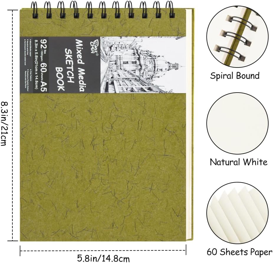 8.3x5.8 Sketch Book, Top Spiral Bound Sketch Pad, 60sheets 92lb/150gsm Nature White Paper, Acid-Free Mixed Media Paper for Painting, Dawing & Art Supplies.N-Green - Crafty Corner