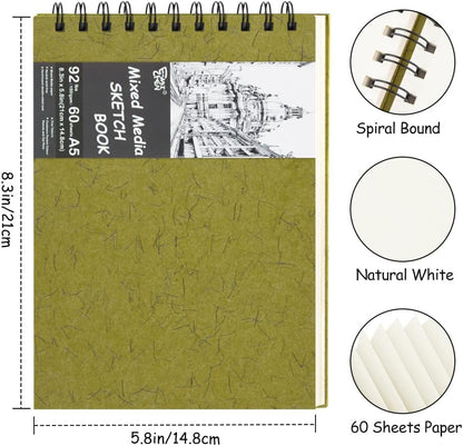 8.3x5.8 Sketch Book, Top Spiral Bound Sketch Pad, 60sheets 92lb/150gsm Nature White Paper, Acid-Free Mixed Media Paper for Painting, Dawing & Art Supplies.N-Green - Crafty Corner
