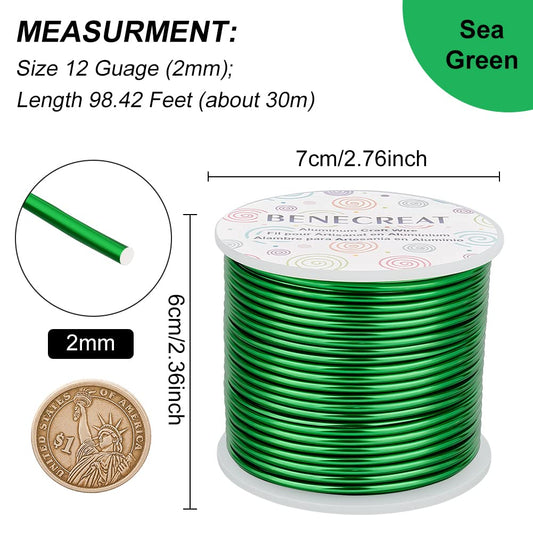 BENECREAT 12 Gauge 100FT Green Aluminum Wire Anodized Jewelry Craft Making Beading Floral Colored Wire for Sculpting Model Making, Floral Plant Gardening, Halloween Christmas Decor