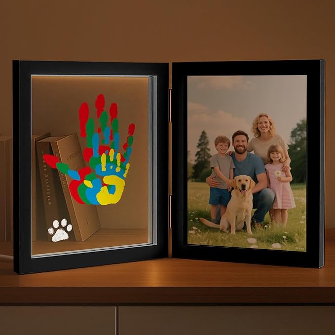 Family Handprint Kit with Light, 5 Non-Toxic Paints, Hand Prints Ornament Keepsake Frame for 4, DIY Craft Gift for New Parents & Mom & Baby, Grandparents, Mother's Day, Father's Day