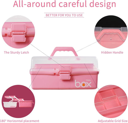 12in Three-Layer Multipurpose Storage Box Organizer Folding Tool Box/Art & Crafts Case/Sewing Supplies Organizer/Family First Aid organizer/Medicine Storage with 2 Trays (Pink)