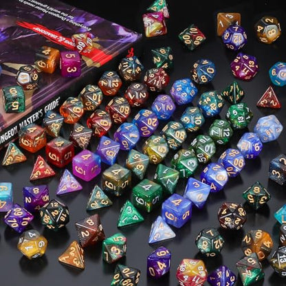 Starry Glitter Polyhedral Dice Set with Drawstring Pouch (182 Count)