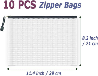AUSTARK 10 Pcs Zipper File Bags, Waterproof Plastic Mesh Pouch for Office School, Board Game Storage Bags (B5 Size 11.4''x8.2'', White and Black)