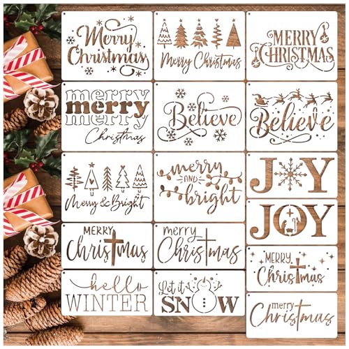 16pcs Merry Christmas Stencils for Card Making Reusable Drawing Believe Christmas Stencils for Painting on Wood Signs (16 Count)