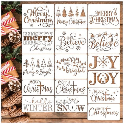 16pcs Merry Christmas Stencils for Card Making Reusable Drawing Believe Christmas Stencils for Painting on Wood Signs (16 Count)