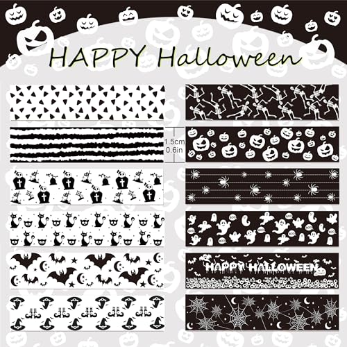 12 Pcs Halloween Washi Tape White and Black Halloween Masking Tape Ghosts Pumpkins Bats Pattern Decorative Paper Sticker for Halloween Party Holiday Scrapbook DIY Craft Gift Wrapping Handbook Sticker (12 Count)