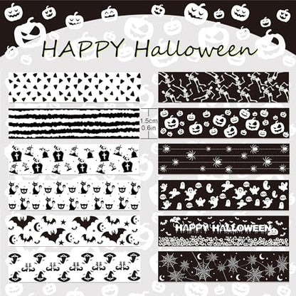 12 Pcs Halloween Washi Tape White and Black Halloween Masking Tape Ghosts Pumpkins Bats Pattern Decorative Paper Sticker for Halloween Party Holiday Scrapbook DIY Craft Gift Wrapping Handbook Sticker (12 Count)