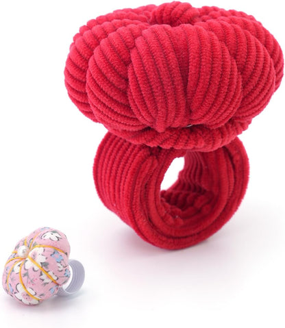 Wrist Pin Cushions, Sewing Needle Cushion kit with 1Pcs Elastic Strap Finger Ring Pincushions, Adjustable Strap Handcraft Needles Holder for Sewing and Quilting.(Red)
