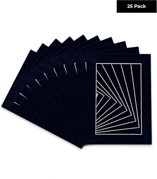 Pack of 25 Acid Free 11x14 Mats Bevel Cut for 8.5x11 Photos - Navy Suede Precut Matboards With Backing Boards and Clear Photo Mat Bags For Pictures, Photos, Framing - 4-ply Thickness