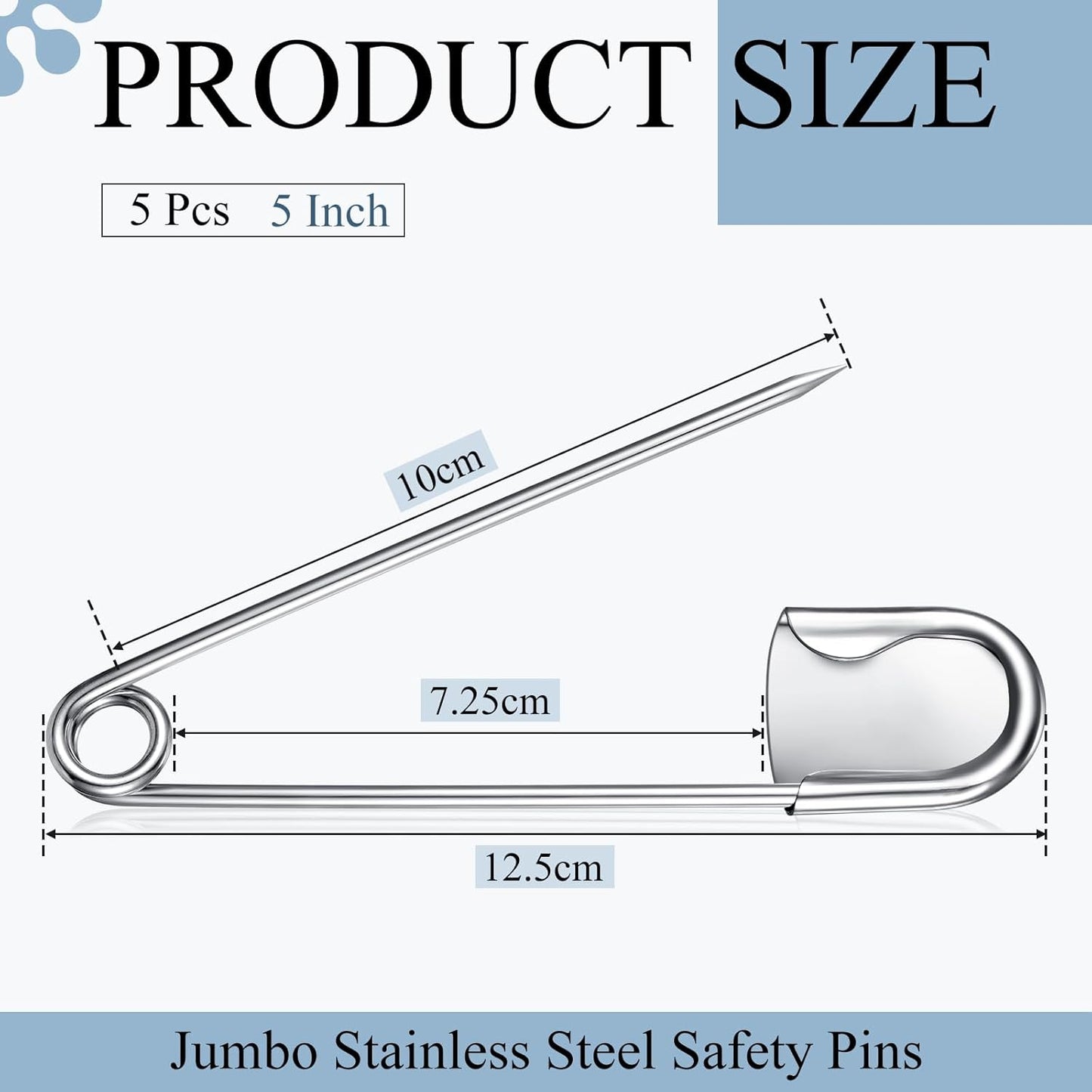 Juexica 5 Pcs 5 Inch Jumbo Stainless Steel Safety Pins Large Heavy Duty Huge Strong Laundry Pins for Upholstery Sewing Quilting Key Rings Craft Outdoor (Silver)