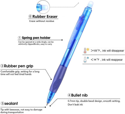Aozora Erasable Pens Click Fine Point 0.7 mm Retractable Erasable Gel Pens for Completing Sudoku and Crossword Puzzles 12 Pack (Blue)