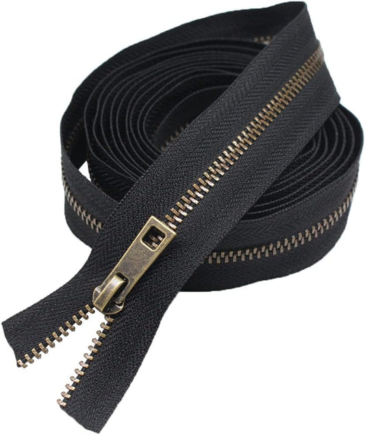Meillia #3 Upholstery Zipper Tape by The Yard Black Metal Zippers 5 Yards with 10pcs Antique Brass Pulls for Sewing Tailor Crafts (Anti-Brass 5 Yards)
