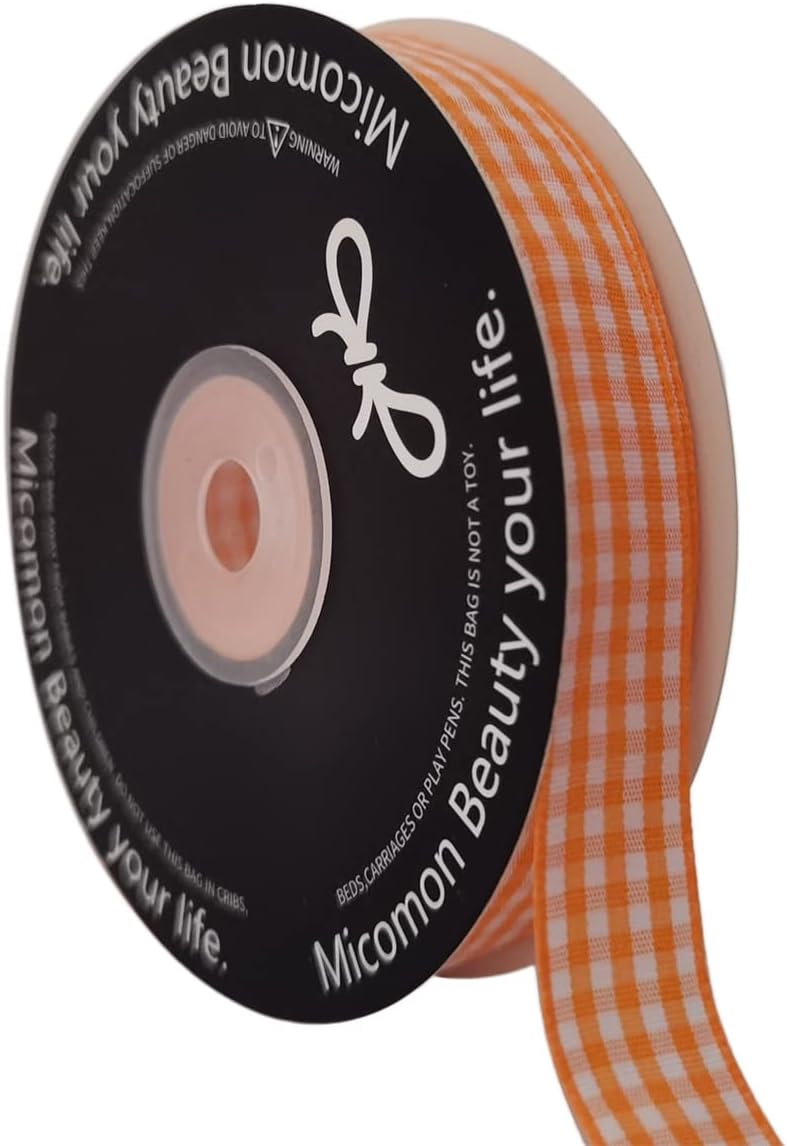 Orange Gingham Plaid Checked Ribbon 25 Yards Each Roll 100% Polyester (5/8",Orange) - Crafty Corner
