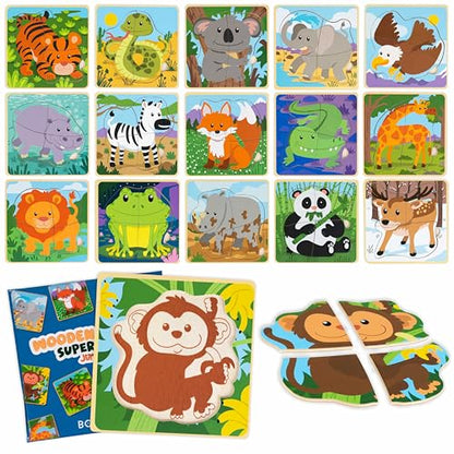 4 Pieces Wooden Puzzles Pack 16 Party Favors for Kids 1 to 5. Birthday Goodie Bags Stuffers (16 Count)