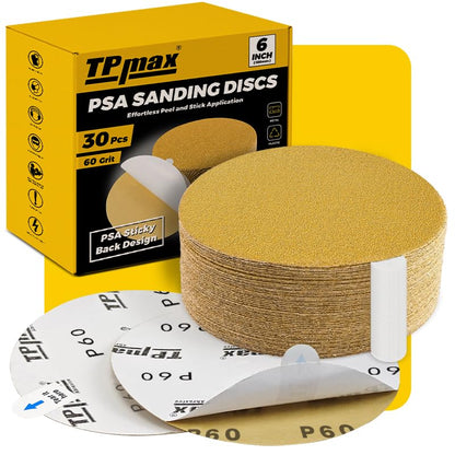 6-Inch 60-Grit Gold PSA Sanding Discs, 30 Pack – Pro-Grade Self-Adhesive Stickyback Sandpaper with Quick-Release Tabs for DA Sander, Coarse Automotive/Wood/Metal Sanding (30 Count)