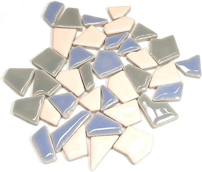 Mosaic Tiles 200g/7.05oz(Approx. 155-170pcs) Porcelain Mosaic Tiles 1-2.5cm 0.4mm Thickness Ceramic Mosaic Stones DIY Mosaic Craft Material(Blue-li Pink-de Grey)