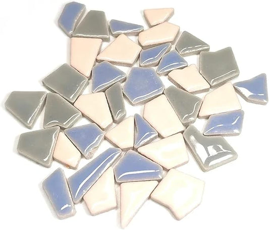 Mosaic Tiles 200g/7.05oz(Approx. 155-170pcs) Porcelain Mosaic Tiles 1-2.5cm 0.4mm Thickness Ceramic Mosaic Stones DIY Mosaic Craft Material(Blue-li Pink-de Grey)