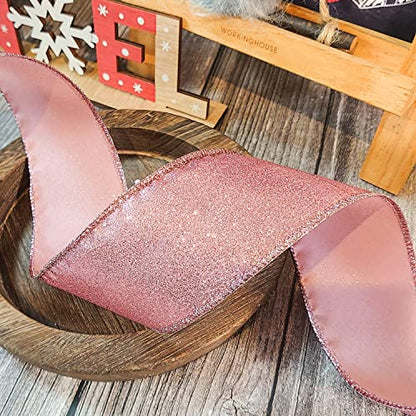 Glitter Wired Ribbon 2.5" x 10 Yards Rose Gold for Christmas Home Decor Bow Gift Wrapping DIY Crafts Wreath (30 Foot)