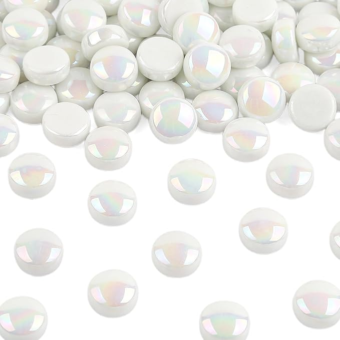 Artspac Glass Mosaic Tiles for Crafts Bulk,150g Round Mosaic Glass Pieces,Iridescent White Mosaic Tiles for DIY Garden Crafts Supplies, Crafts Ornaments