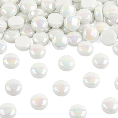 Artspac Glass Mosaic Tiles for Crafts Bulk,150g Round Mosaic Glass Pieces,Iridescent White Mosaic Tiles for DIY Garden Crafts Supplies, Crafts Ornaments