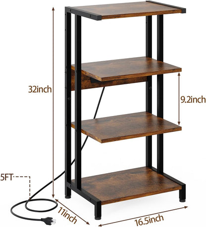 X-cosrack 4-Tier AV Media Stand with Power Strips, Wooden Corner Shelf Component Cabinet Stereo Audio Rack Stand Tower Perfect for DVD Players:Game Console:TV Box:Cable Box:Xbox:WiFi Router