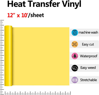 RENLITONG Yellow HTV Iron on Vinyl 12Inch by 10ft Roll HTV Heat Transfer Vinyl for T-Shirt HTV Vinyl Rolls for All Cutter Machine - Easy to Cut & Weed for Heat Vinyl Design