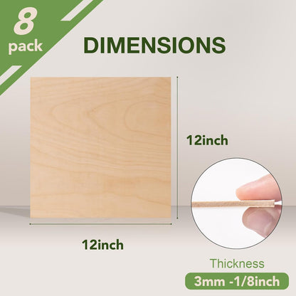 8 Pack Birch Plywood Sheets, 12 x 12 x 1/8 Inch, 3mm for Laser Cutting, Architectural Models, Wood Burning & DIY Crafts