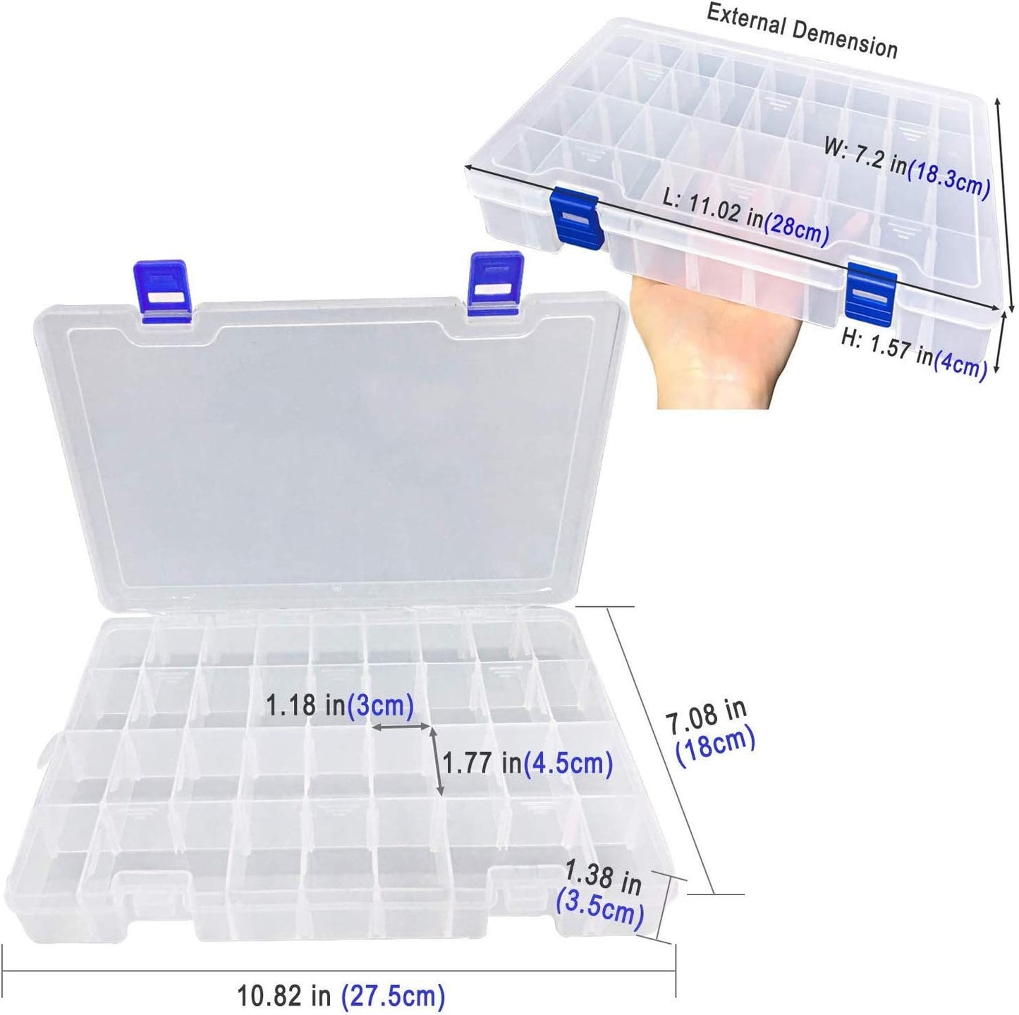 Qualsen Plastic Organizer Storage Box with Adjustable Dividers, Fishing Tackle Box and Bead Organizer Box for Jewelry, Beads, Earrings, Tools, Fishing Hooks, and Small Accessories（34 Grid x 3）