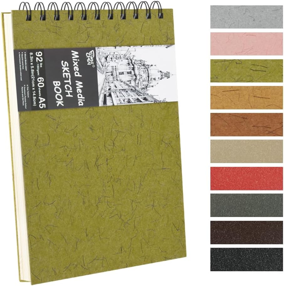 8.3x5.8 Sketch Book, Top Spiral Bound Sketch Pad, 60sheets 92lb/150gsm Nature White Paper, Acid-Free Mixed Media Paper for Painting, Dawing & Art Supplies.N-Green - Crafty Corner