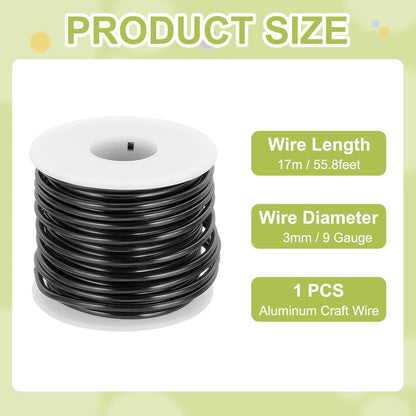 MECCANIXITY 9 Gauge Anodized Aluminum Craft Wire Bendable Bonsai Training Wire 56 Feet 3mm for Sculpting Crafts Wreath Floral Beading Jewelry Making, Black