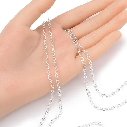 Adabele 5 Feet Authentic 925 Sterling Silver Unfinished 3mm (0.12 inch) Flat Cable Link Chain Bulk Hypoallergenic Nickel Free for DIY Craft Jewelry Making SSK-R7