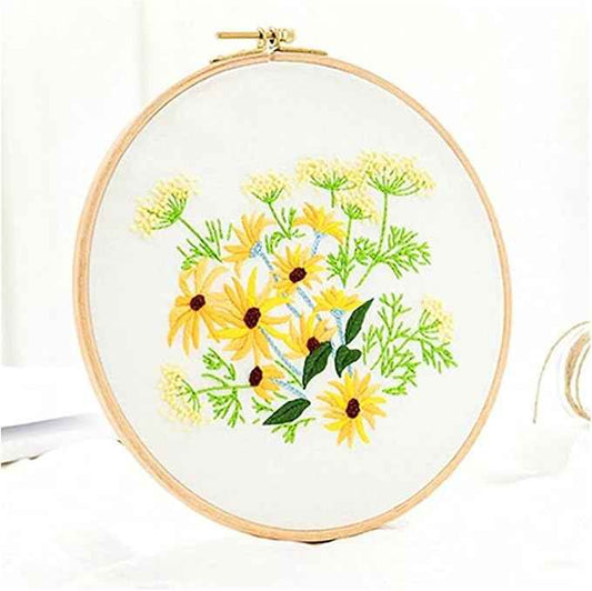 Act Iron Embroidery Starter Kit 1Pack with Stamped Flowers Pattern with Cotton Fabric Hoops Color Threads and Tools for DIY Art Crafts Sewing Crafts for Adults(Yellow Flowers)