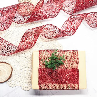 Sparkling Glitter Mesh Wired Ribbon 2.5" x 20 Yards Red for Christmas Home Decor Bow Gift Wrapping DIY Crafts Wreath (60 Foot)