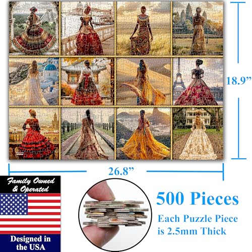 Beautiful Dresses from Around The World 500 Pieces Very Large Pieces Jigsaw Puzzle for 13+ Adults & Seniors. Elegant Dresses Vibrant Colors