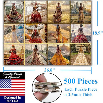 Beautiful Dresses from Around The World 500 Pieces Very Large Pieces Jigsaw Puzzle for 13+ Adults & Seniors. Elegant Dresses Vibrant Colors