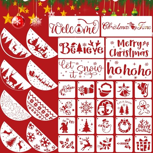 34pcs Christmas Stencils for Painting On Wood Reusable Xmas Stencils Set Holiday Templates for DIY Crafts Home Decor Art Projects (34 Count)