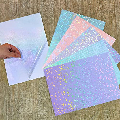 36 Sheets Holographic Sticker Paper A4 Vinyl Holographic Laminate Sheets Self Adhesive Waterproof Transparent Film