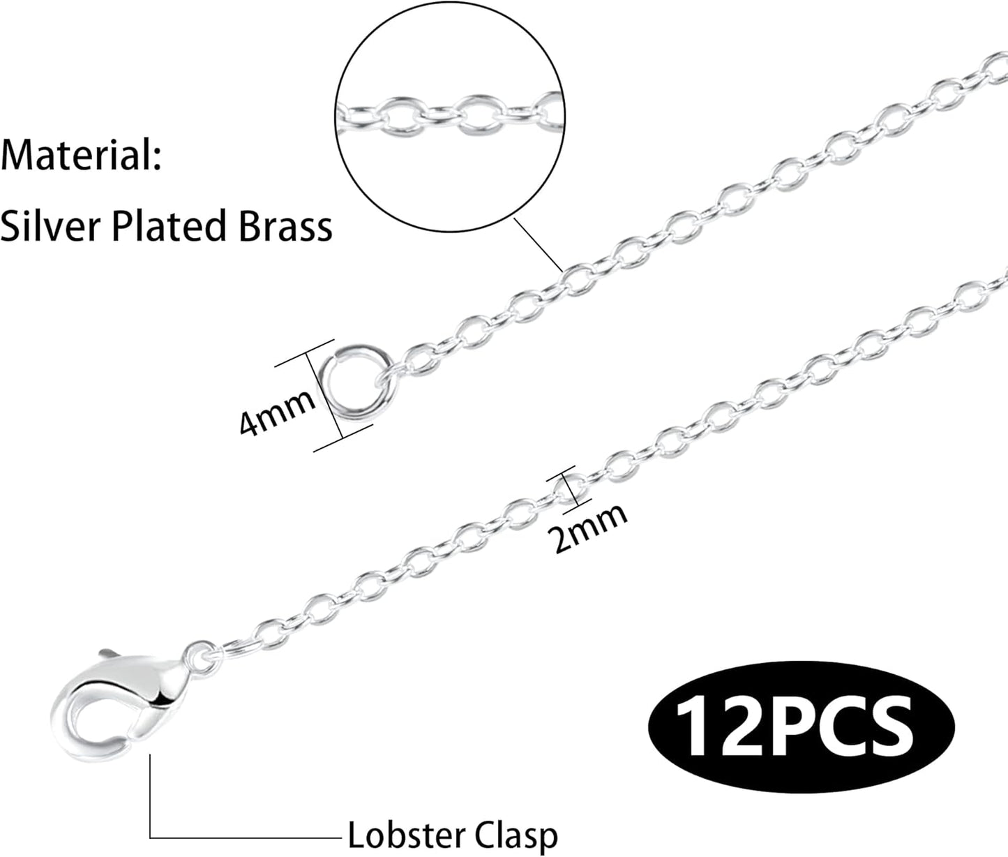 ALEXCRAFT Wholesale 12 PCS Silver Plated Brass Flat Cable Chains Bulk for DIY Jewelry Making (18 Inch(2mm))