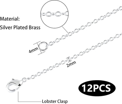 ALEXCRAFT Wholesale 12 PCS Silver Plated Brass Flat Cable Chains Bulk for DIY Jewelry Making (18 Inch(2mm))