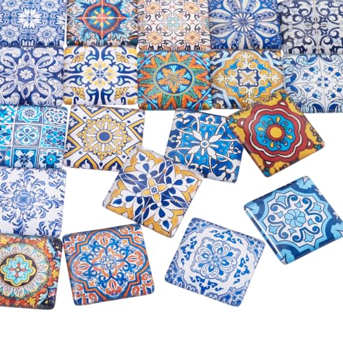 20Pcs 30mm Square Glass Cabochons Flower Printed Mosaic Tile Glass Cabochon Vintage Flower Floor Dome Cabochon for Photo Pendant Earrings Necklace Bracelet Keychain Rings Jewelry Making