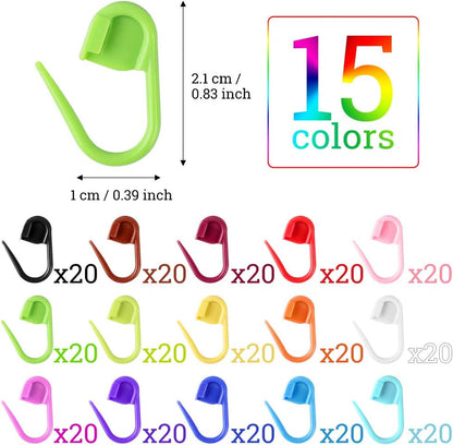 LUNARM 300 Pcs Stitch Markers, 15 Colors Crochet Stitch Needle Clip Knitting Plastic Locking Needle Clip Counter with Clear Storage Case for DIY Handicraft Place Buckle Marker