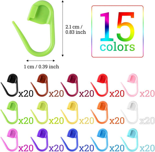 LUNARM 300 Pcs Stitch Markers, 15 Colors Crochet Stitch Needle Clip Knitting Plastic Locking Needle Clip Counter with Clear Storage Case for DIY Handicraft Place Buckle Marker