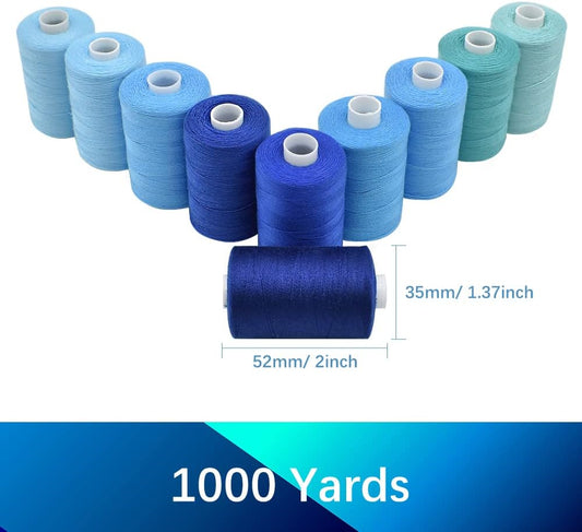 Sewing Thread 10 Color Sewing Industrial Purpose 1000 Yards Per Spool 40S/2 Polyester for DIY Sewing Machine,Embroidery Machine,Hand Sewing (Blue)
